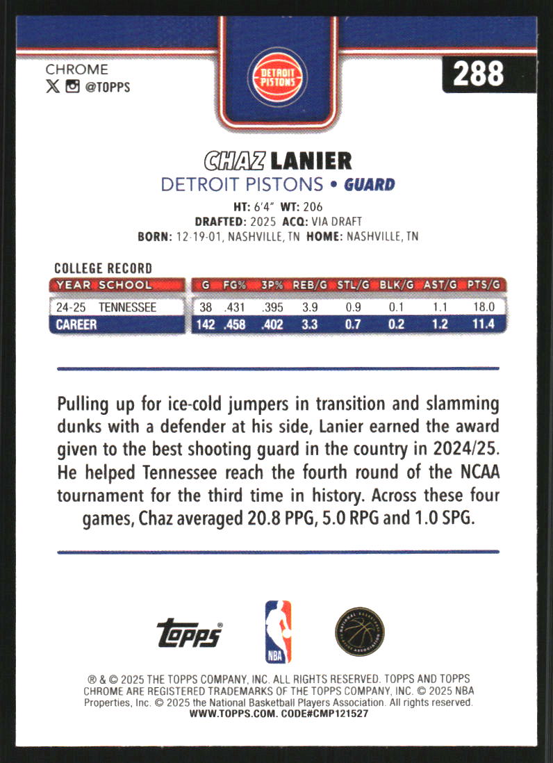 2025-26 Topps Chrome X-Fractors #288 Chaz Lanier