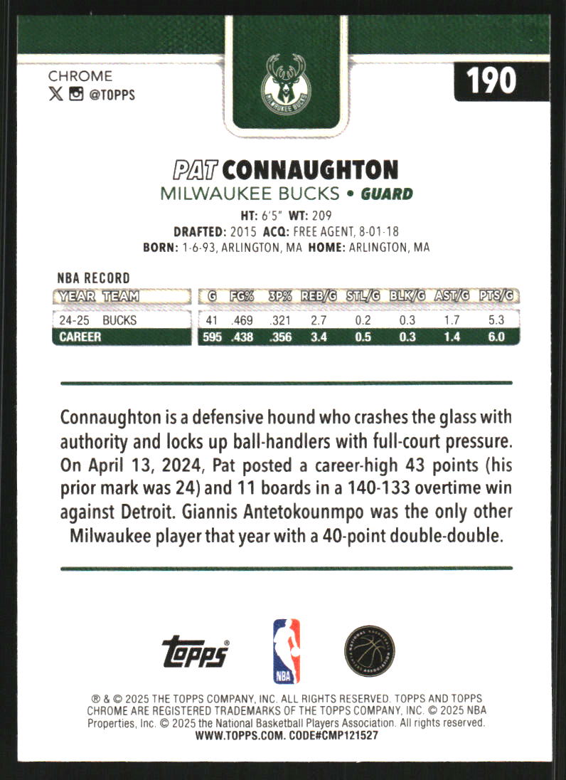 2025-26 Topps Chrome Blue Refractors #190 Pat Connaughton /150