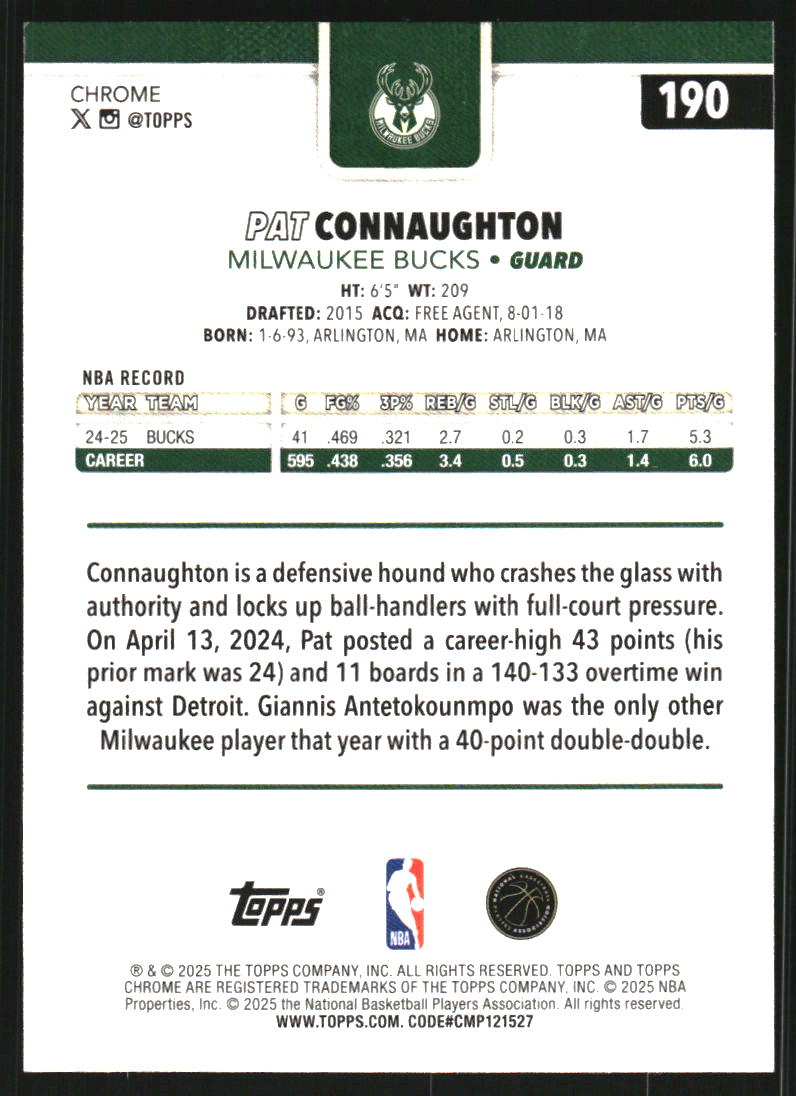 2025-26 Topps Chrome Blue Wave Refractors #190 Pat Connaughton /150
