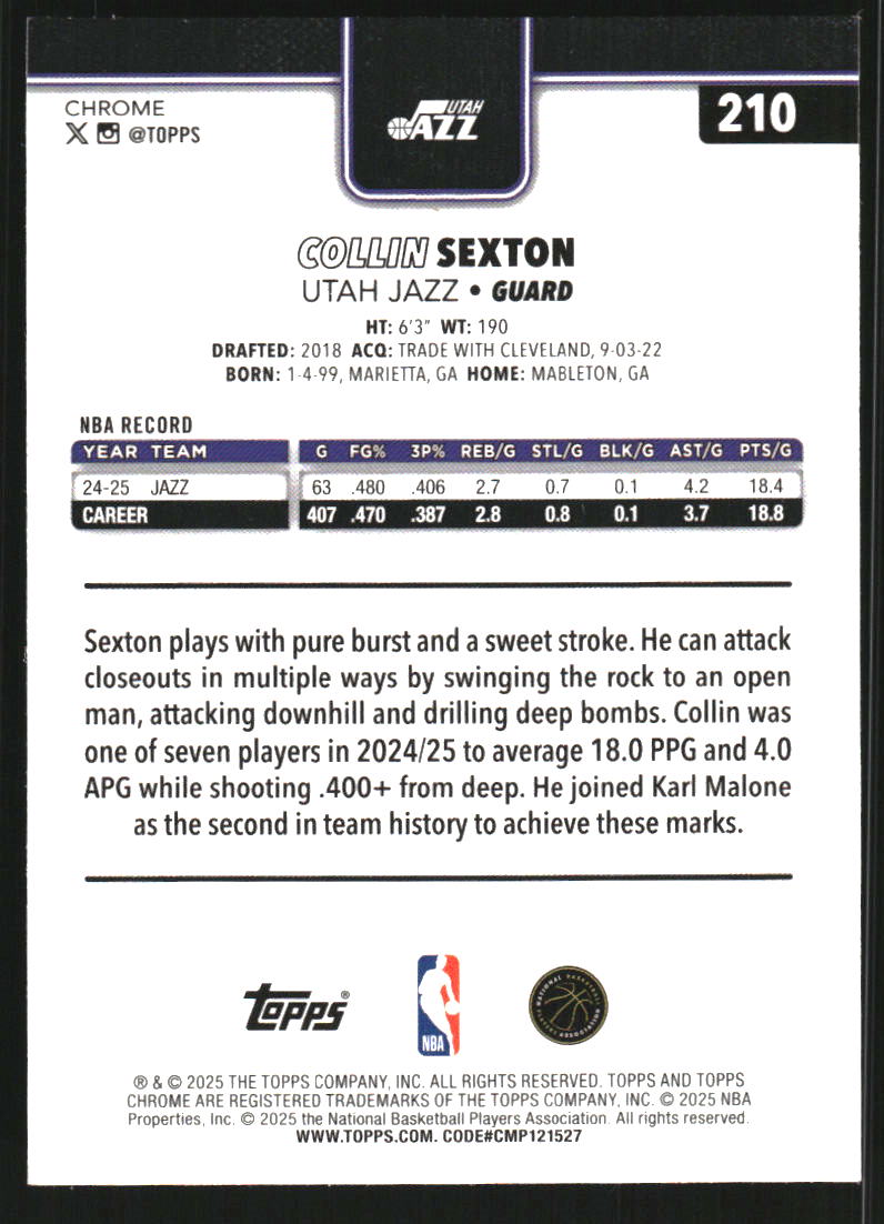2025-26 Topps Chrome Blue Wave Refractors #210 Collin Sexton /150