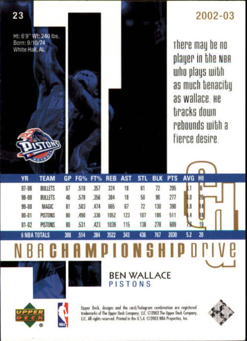 2002-03 Upper Deck Championship Drive Parallel #23 Ben Wallace back image