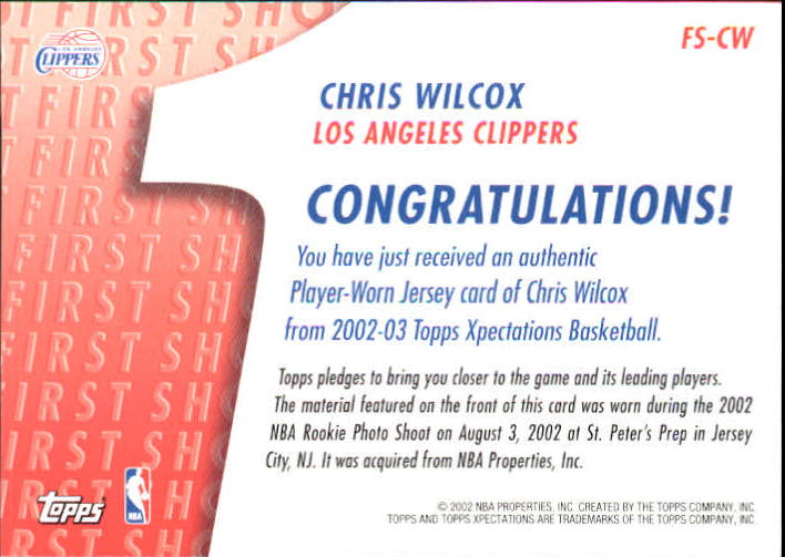 2002-03 Topps Xpectations First Shot Relics #FSCW Chris Wilcox back image