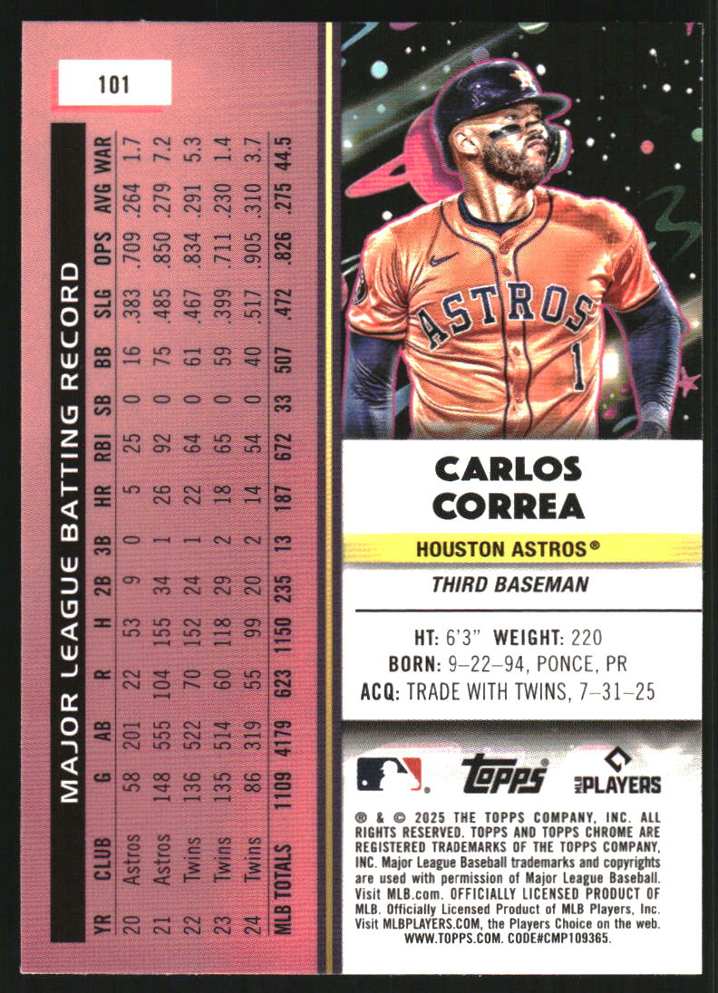 2025 Topps Cosmic Chrome Purple Nebula Refractors #101 Carlos Correa /150