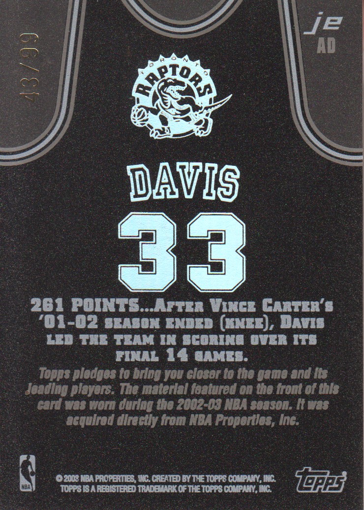 2002-03 Topps Jersey Edition Black #JEAD Antonio Davis R UER back image