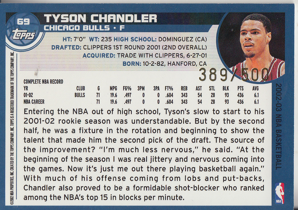 2002-03 Topps Black #69 Tyson Chandler back image