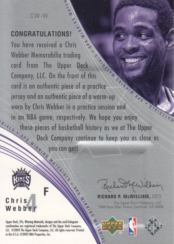 2002-03 SPx Winning Materials #CWW Chris Webber JSY/WU back image