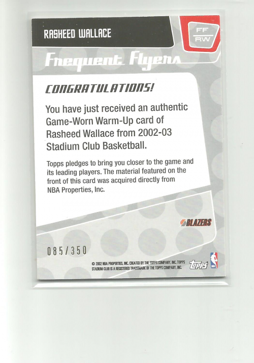2002-03 Stadium Club Frequent Flyers Relics #FFRW Rasheed Wallace/350 back image