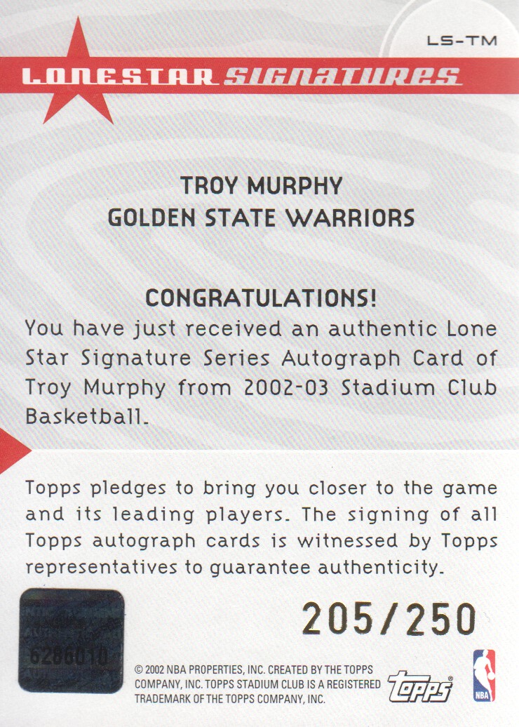 2002-03 Stadium Club Lone Star Signatures #LSTM Troy Murphy/250 back image