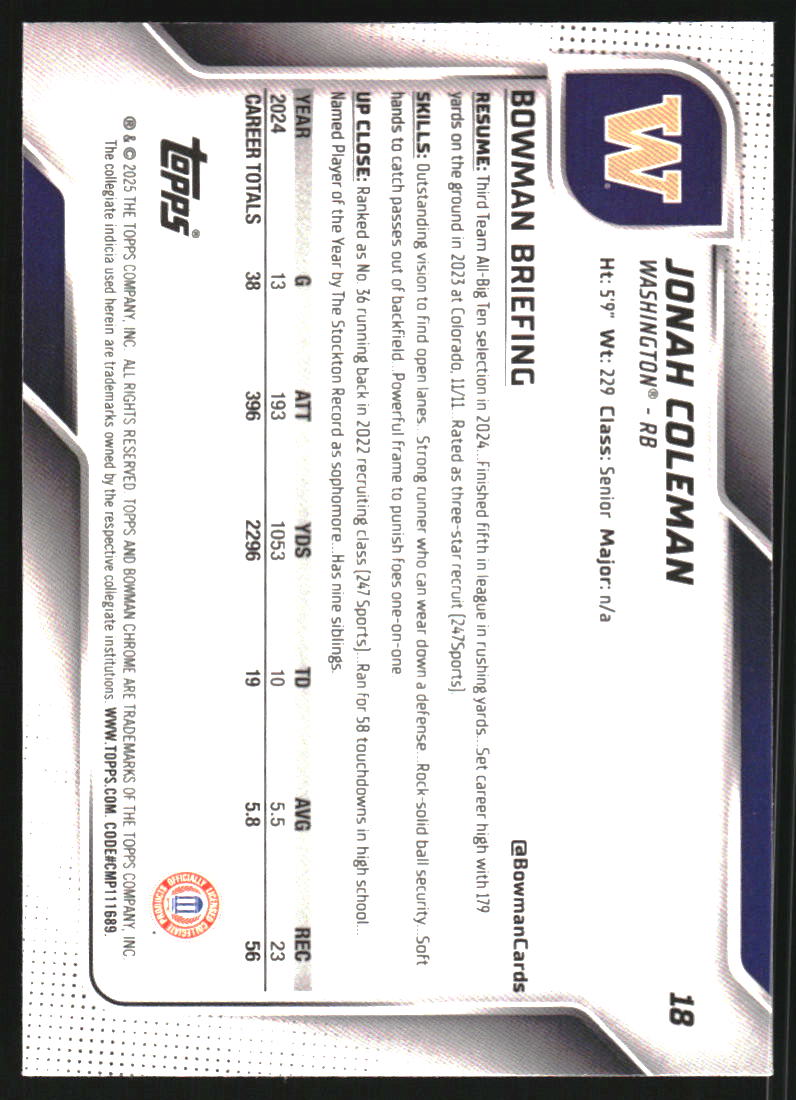 2025 Bowman Chrome Sapphire University #18 Jonah Coleman