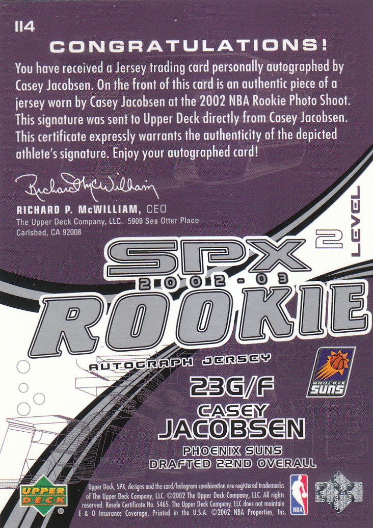 2002-03 SPx #114 Casey Jacobsen JSY AU RC back image