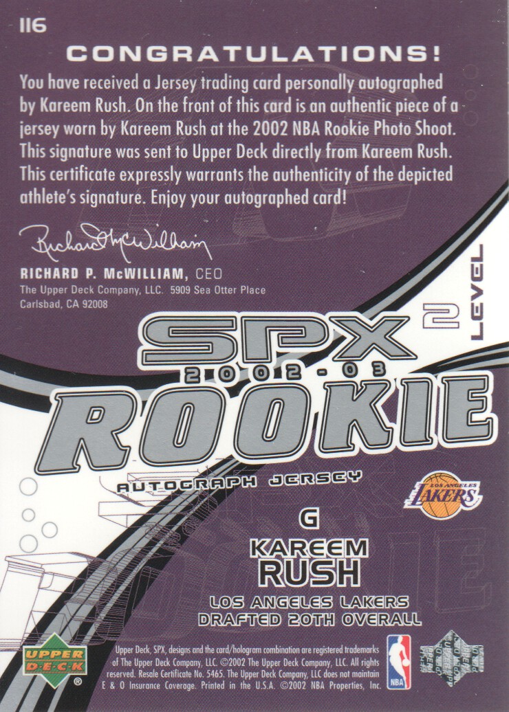 2002-03 SPx #116 Kareem Rush JSY AU RC back image