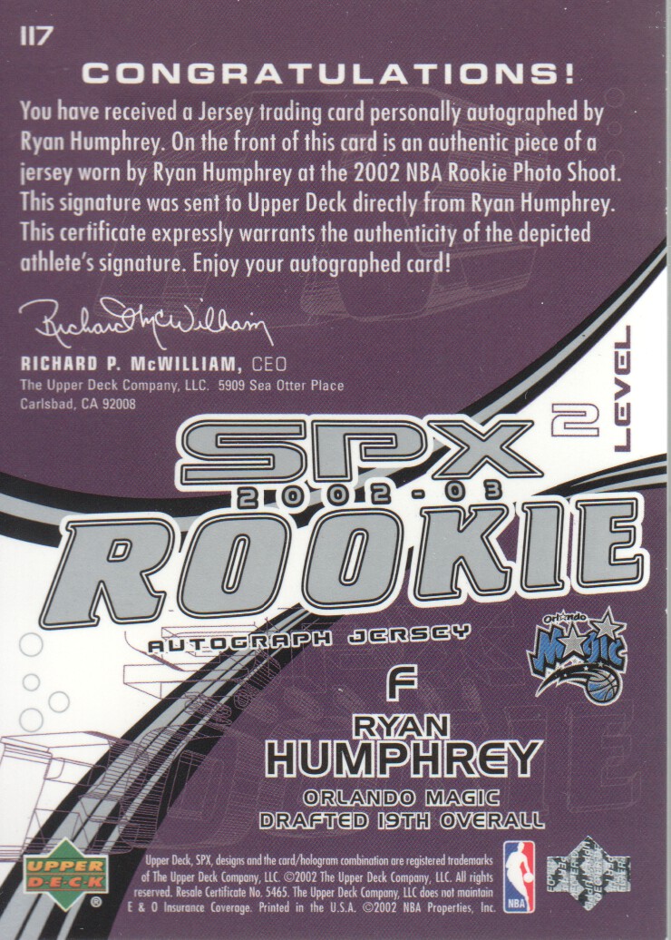 2002-03 SPx #117 Ryan Humphrey JSY AU RC back image