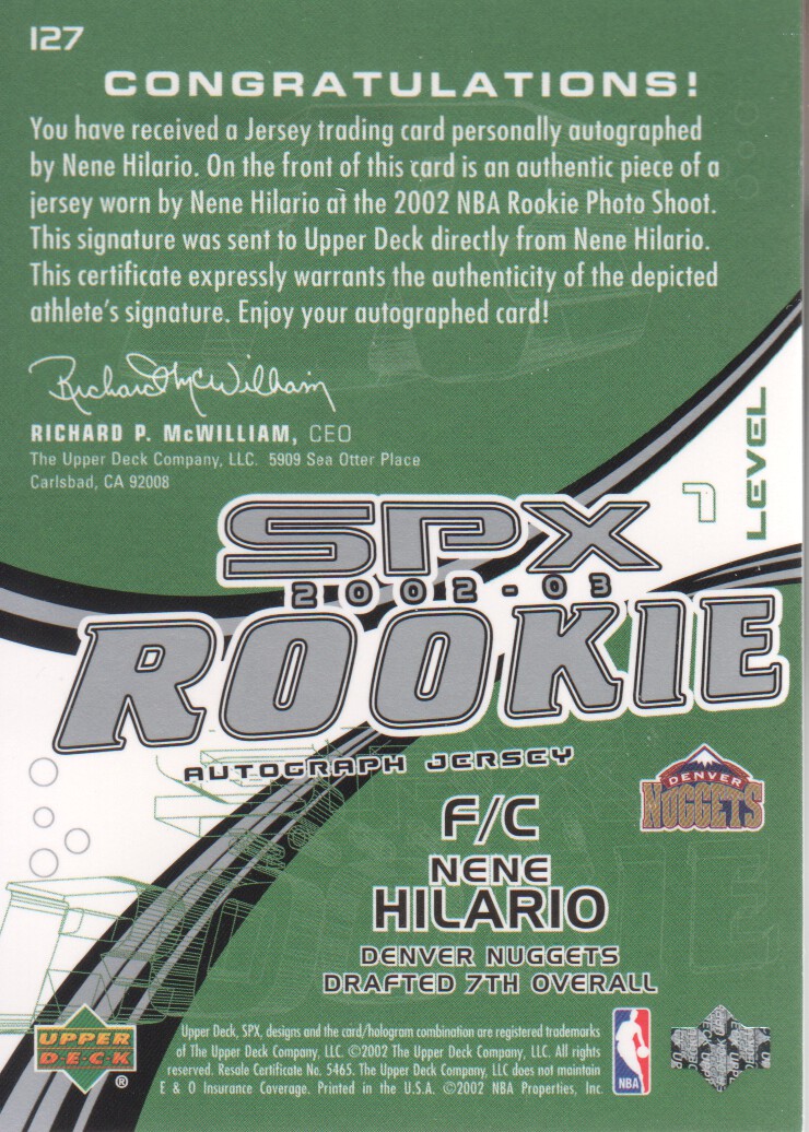 2002-03 SPx #127 Nene Hilario JSY AU RC back image