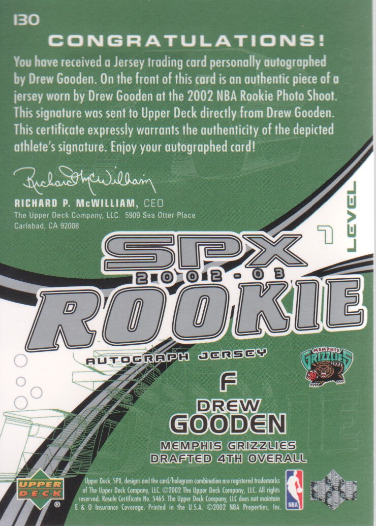 2002-03 SPx #130 Drew Gooden JSY AU RC back image