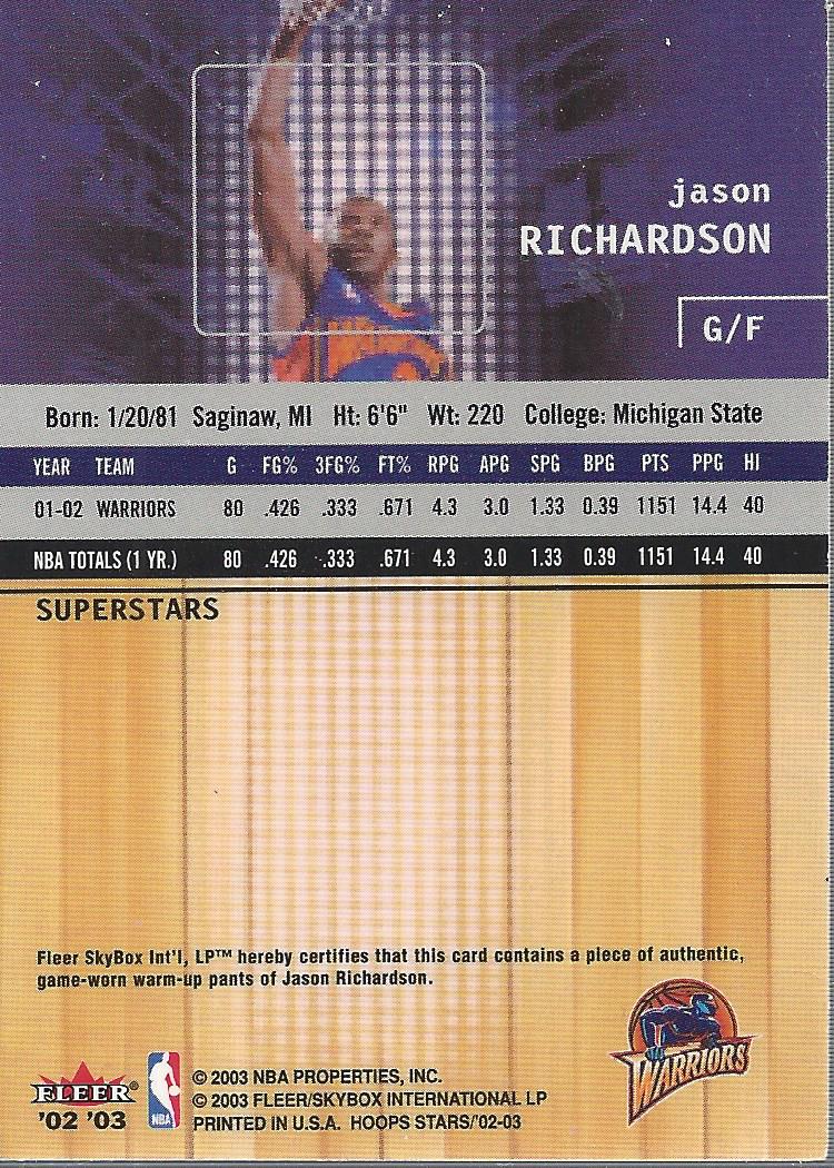 2002-03 Hoops Stars Superstars Game-Used #JR Jason Richardson Pants back image