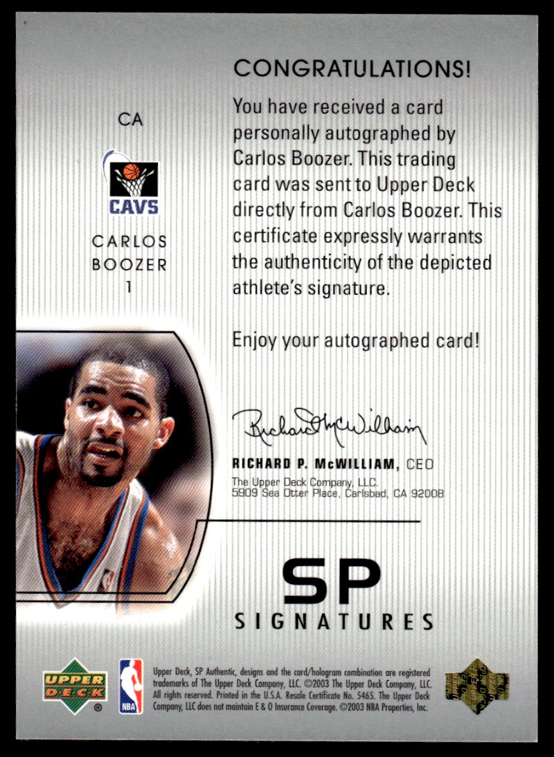 2002-03 SP Authentic SP Signatures #CA Carlos Boozer back image