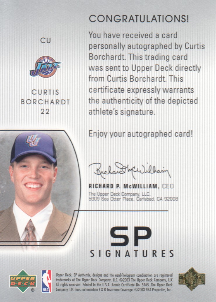 2002-03 SP Authentic SP Signatures #CU Curtis Borchardt back image