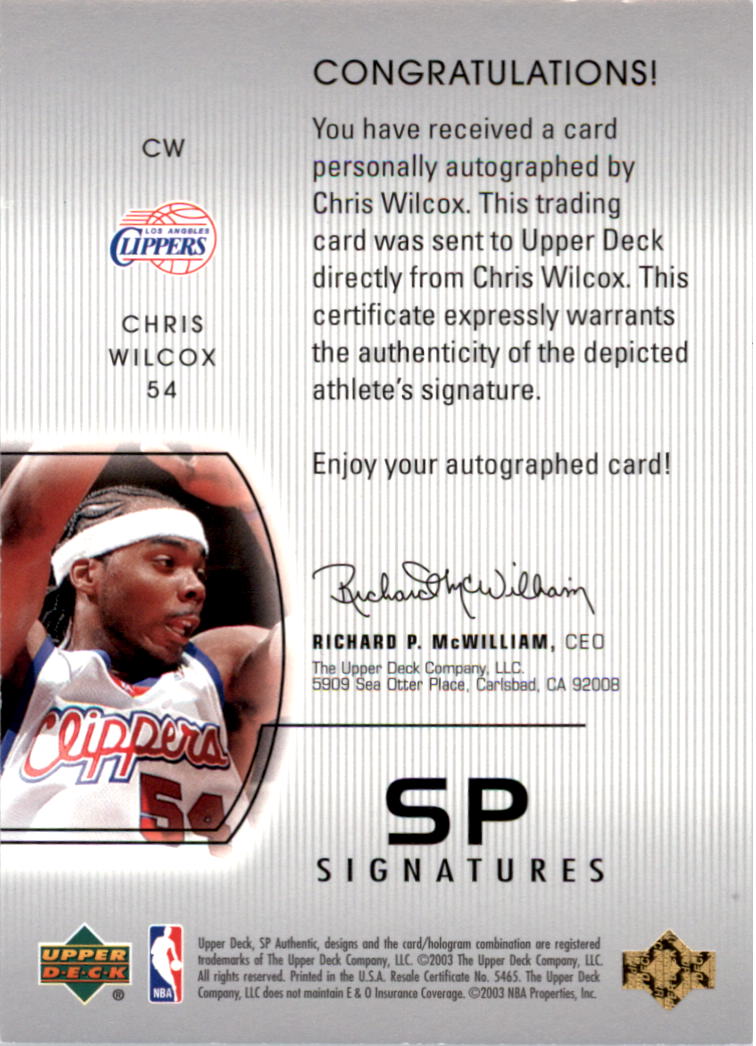 2002-03 SP Authentic SP Signatures #CW Chris Wilcox back image