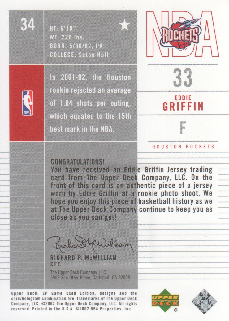 2002-03 SP Game Used #34 Eddie Griffin JSY back image