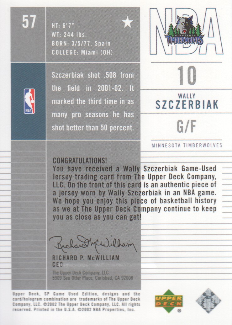 2002-03 SP Game Used #57 Wally Szczerbiak JSY back image