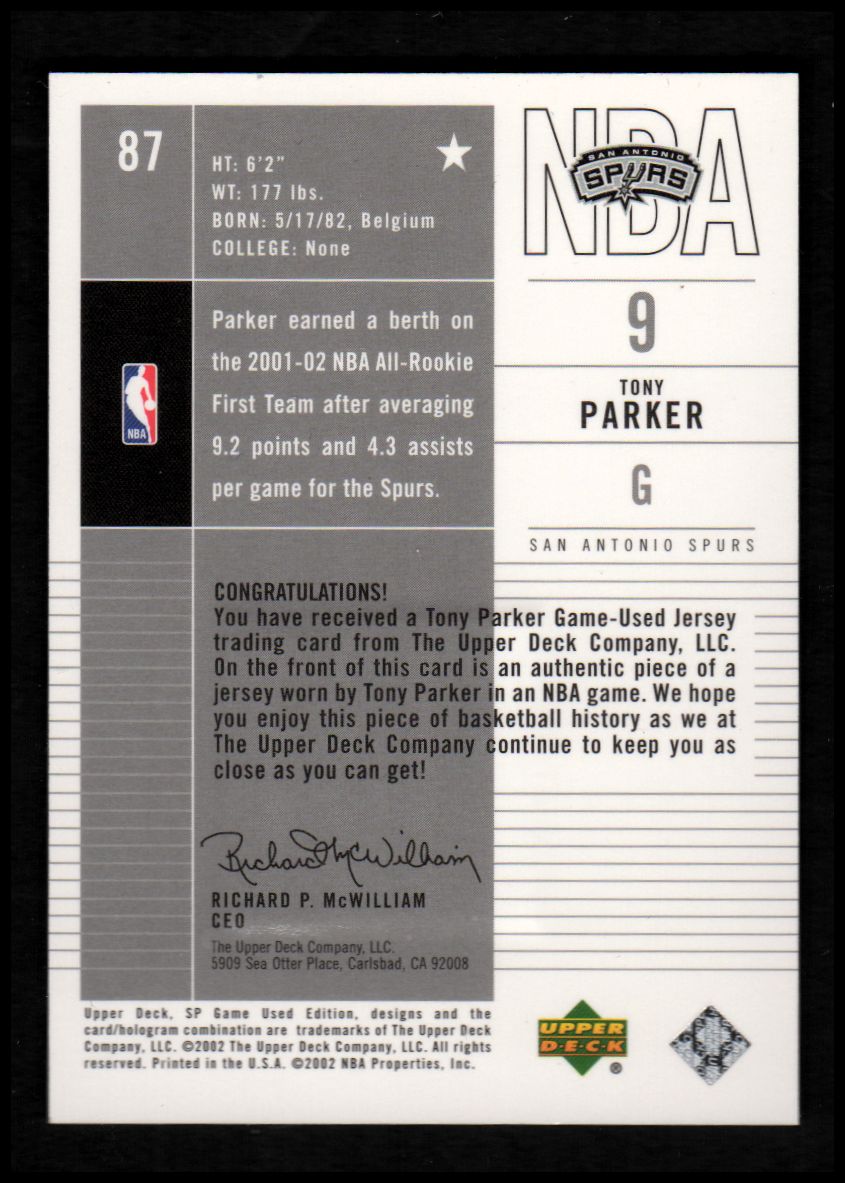 2002-03 SP Game Used #87 Tony Parker JSY back image