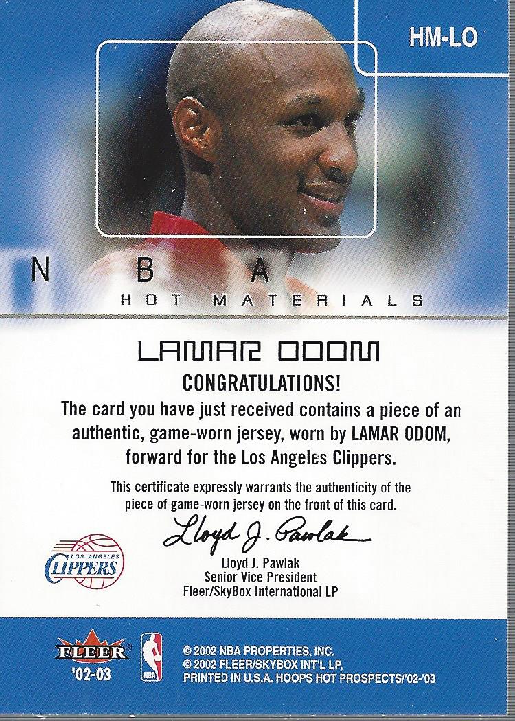2002-03 Hoops Hot Prospects Hot Materials #9 Lamar Odom back image