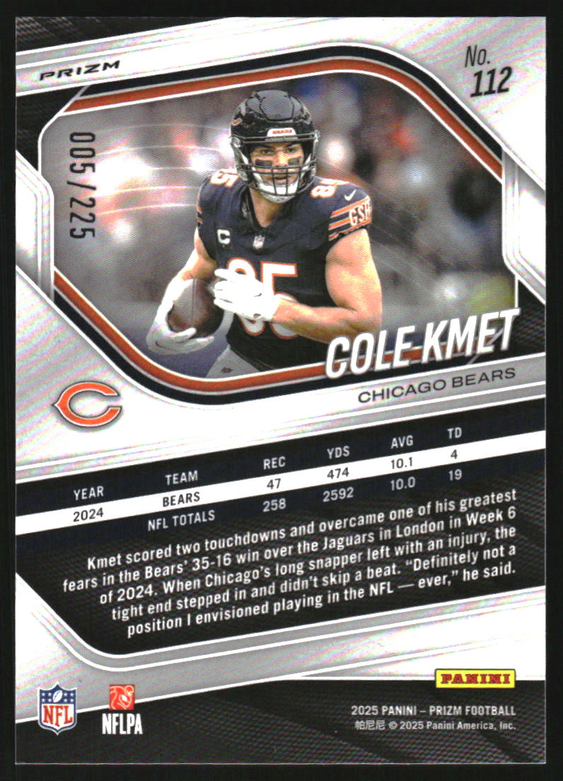 2025 Panini Prizm Prizms Purple Ice #112 Cole Kmet /225