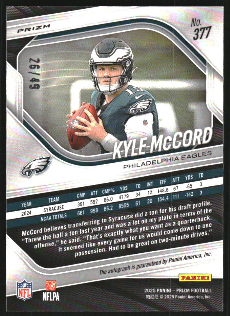 2025 Panini Prizm Autographs Prizms Purple Power #377 Kyle McCord /49