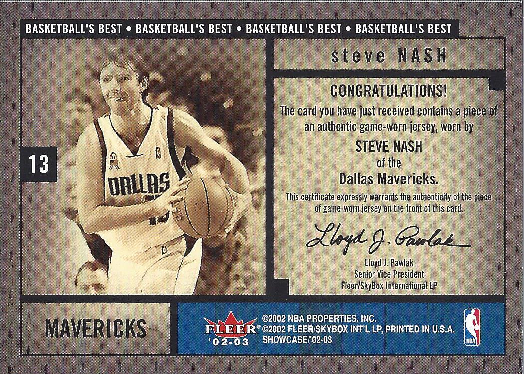 2002-03 Fleer Showcase Basketball's Best Memorabilia #BBM11 Steve Nash JSY back image