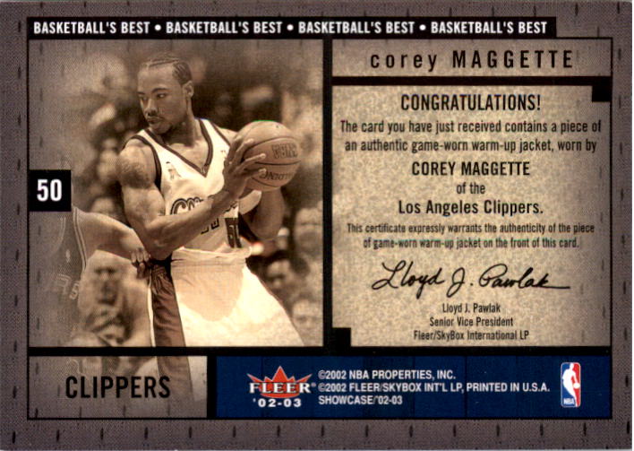 2002-03 Fleer Showcase Basketball's Best Memorabilia #BBM18 Corey Maggette WU back image