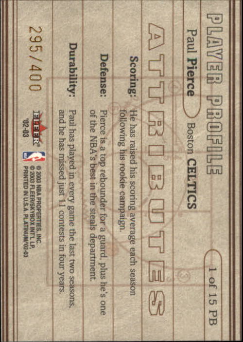 2002-03 Fleer Platinum Inside the Playbook #1PB Paul Pierce back image