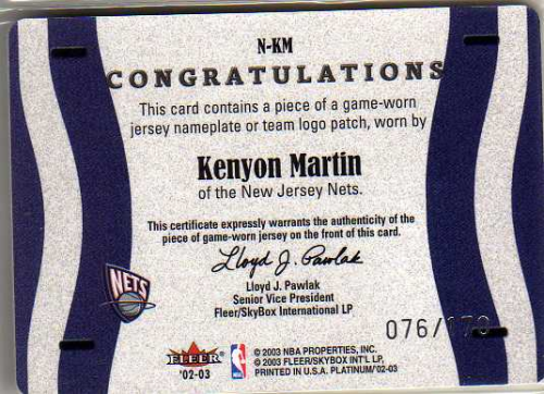 2002-03 Fleer Platinum Nameplates #KM Kenyon Martin/170 back image