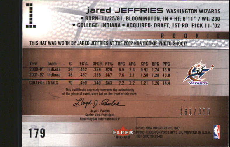 2002-03 Fleer Hot Shots #179 Jared  Jeffries RC back image