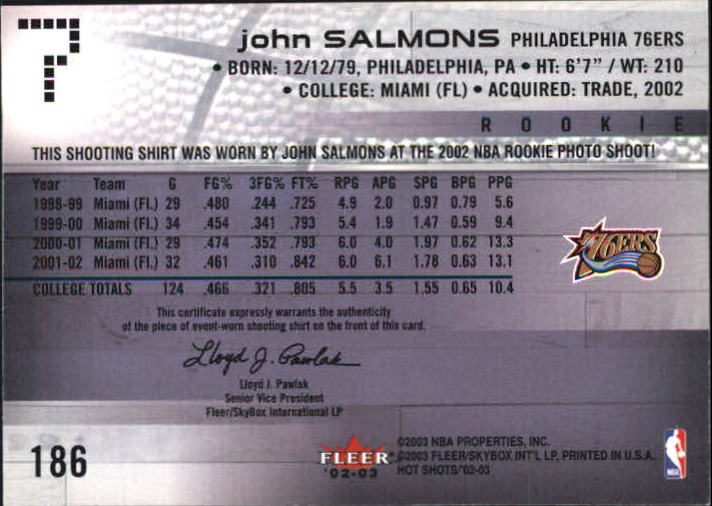 2002-03 Fleer Hot Shots #186 John Salmons RC back image