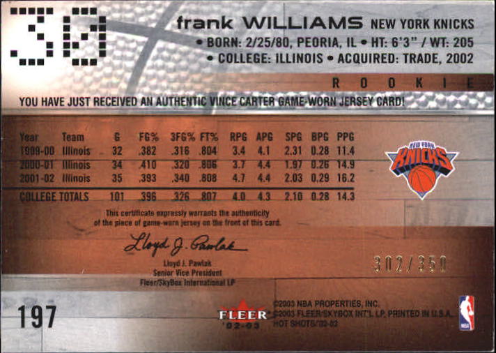 2002-03 Fleer Hot Shots #197 Frank Williams RC/Vince Carter JSY back image