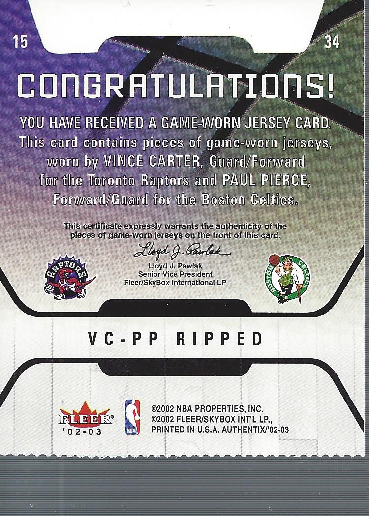 2002-03 Fleer Authentix Jersey Authentix Game of the Week #7 Vince Carter/Paul Pierce back image