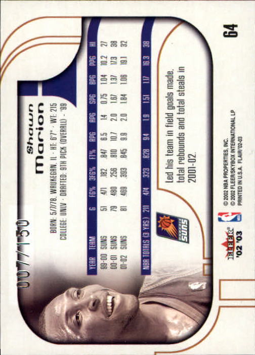 2002-03 Flair Row 1 #64 Shawn Marion back image