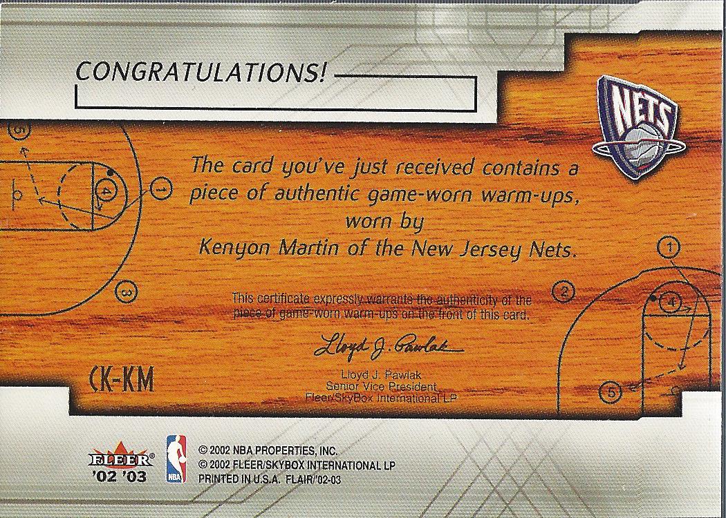 2002-03 Flair Court Kings Game Used #CKKM1 Kenyon Martin WU back image