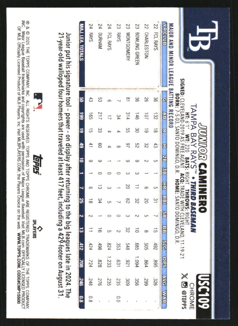 2025 Topps Chrome Update Sapphire #USC109 Junior Caminero