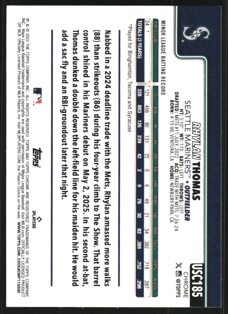 2025 Topps Chrome Update Sapphire #USC185 Rhylan Thomas