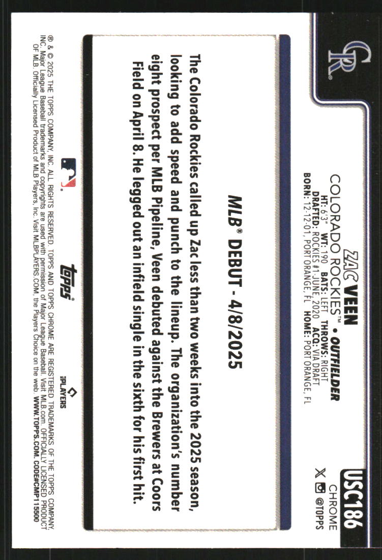 2025 Topps Chrome Update Sapphire #USC186 Zac Veen