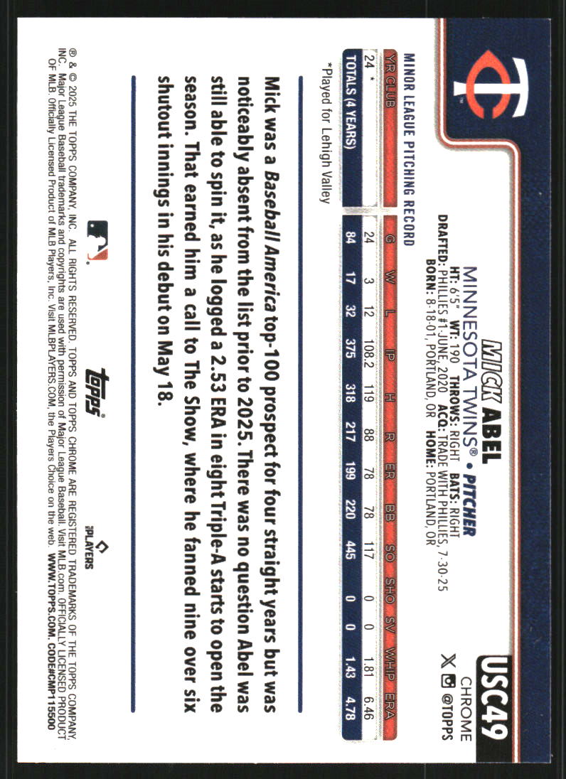 2025 Topps Chrome Update Sapphire Green #USC49 Mick Abel /99