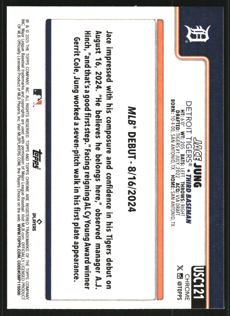 2025 Topps Chrome Update Sapphire Green #USC121 Jace Jung /99