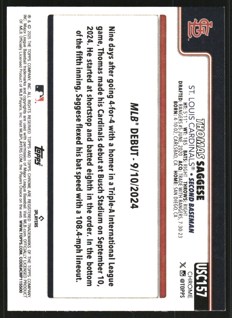 2025 Topps Chrome Update Sapphire Green #USC157 Thomas Saggese /99