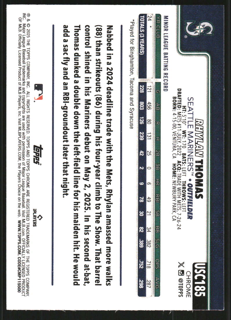 2025 Topps Chrome Update Sapphire Green #USC185 Rhylan Thomas /99