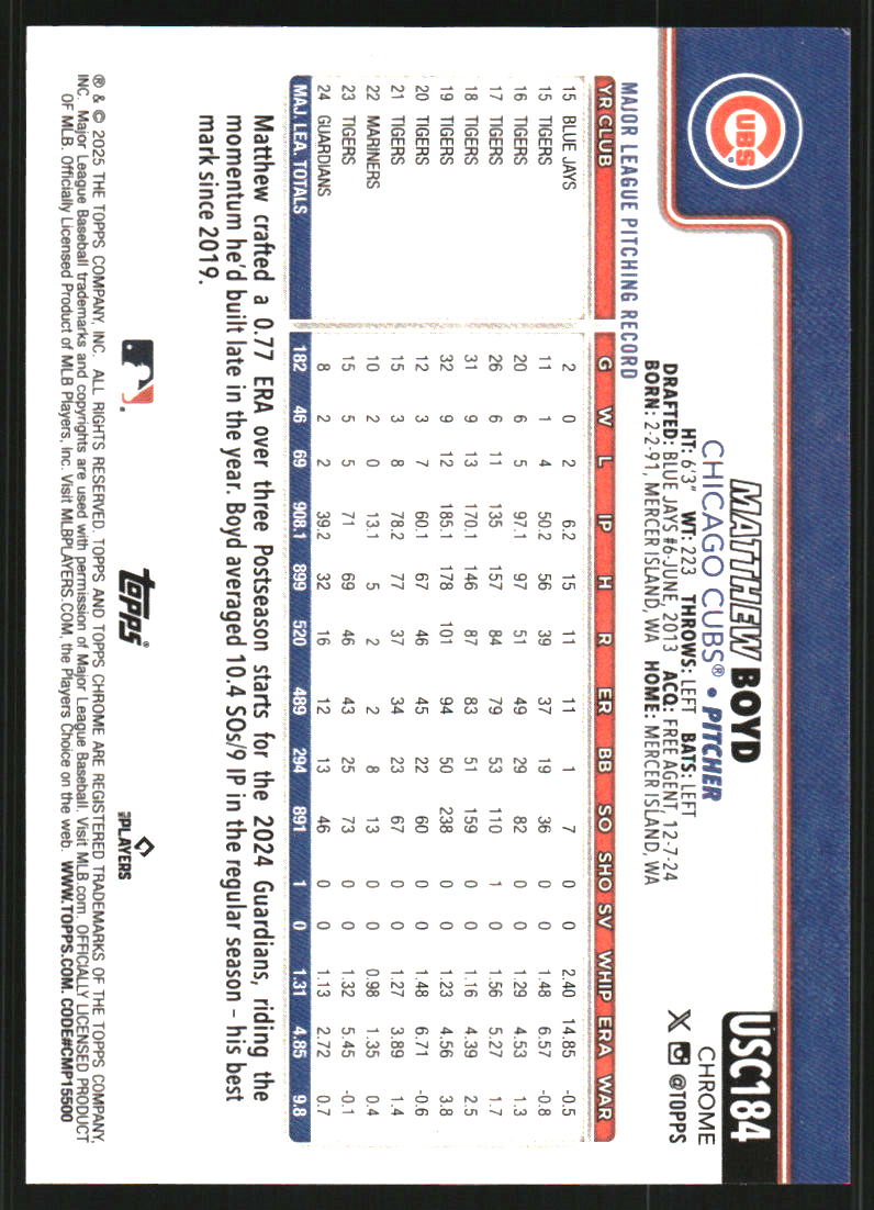 2025 Topps Chrome Update Sapphire Gold #USC184 Matthew Boyd /50