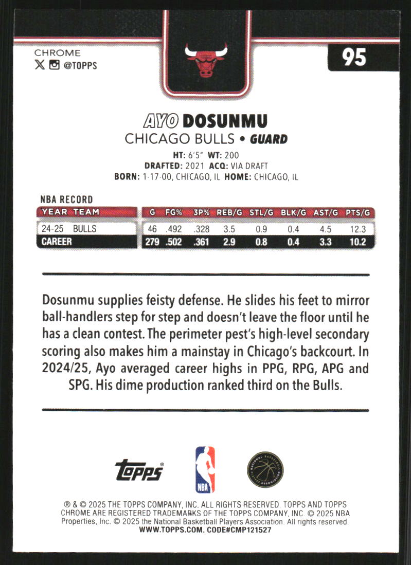 2025-26 Topps Chrome Red White and Blue Refractors #95 Ayo Dosunmu