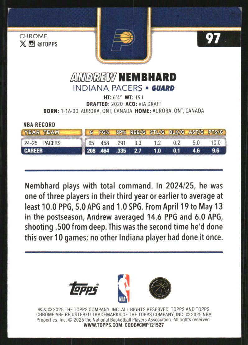 2025-26 Topps Chrome Red White and Blue Refractors #97 Andrew Nembhard