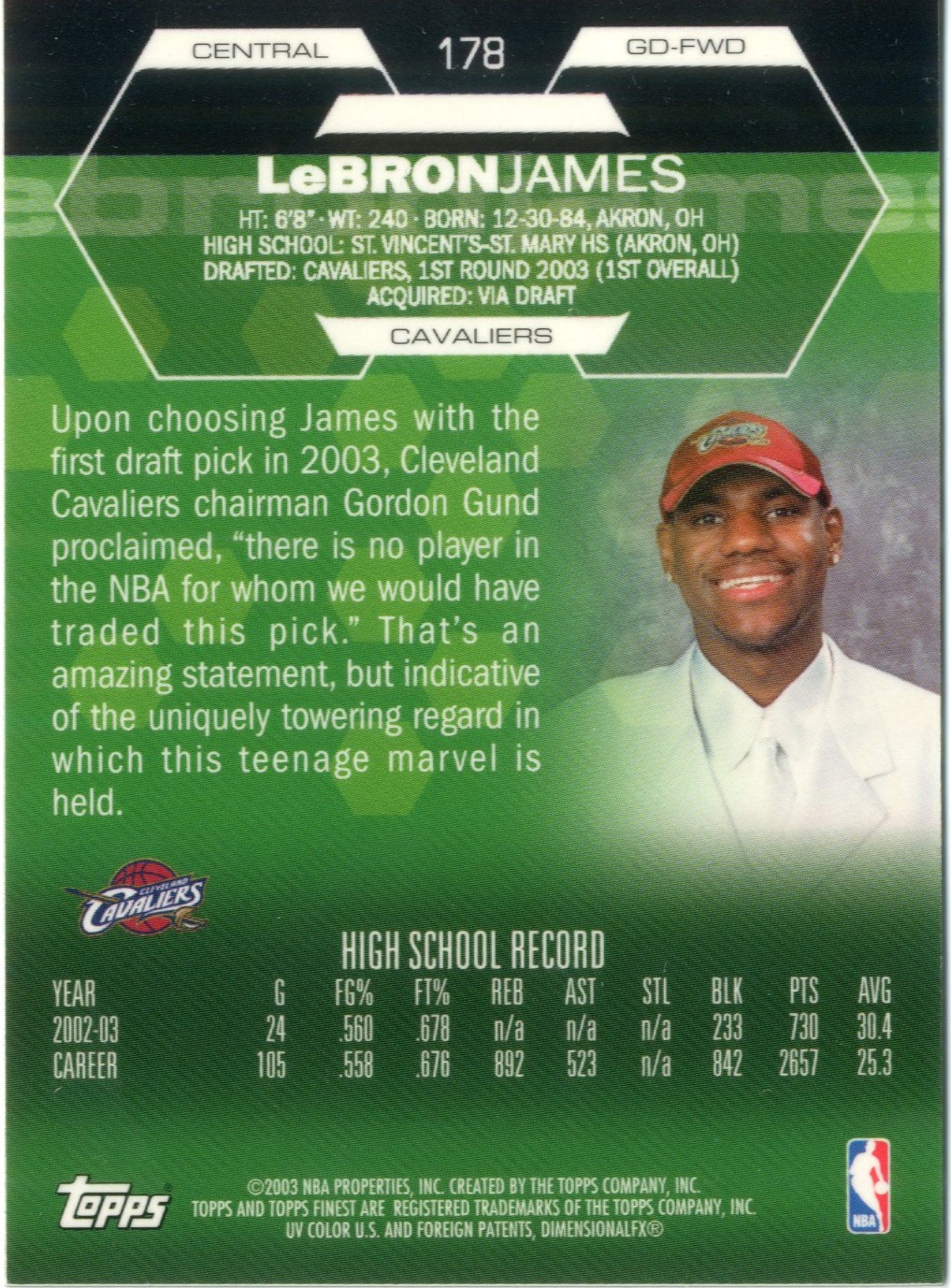 2002-03 Finest #178 LeBron James XRC back image