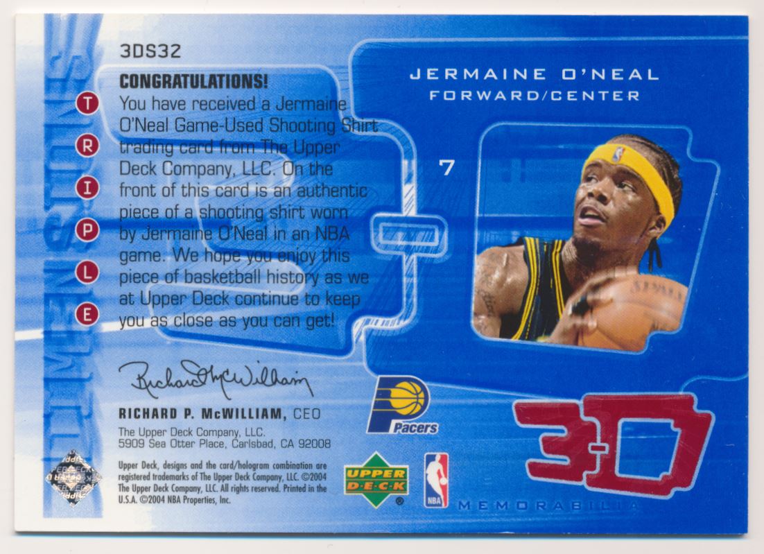 2003-04 Upper Deck Triple Dimensions 3-D Shooting Shirts #S32 Jermaine O'Neal back image